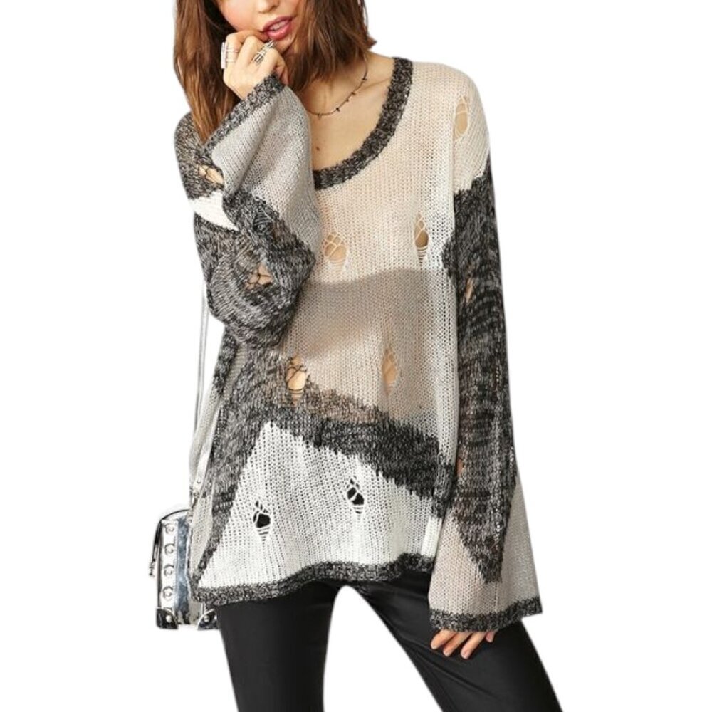One Teaspoon Distressed Look Light Grey White Black Knit Sweater Sz 8